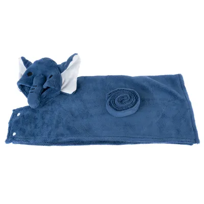 Soft blue towel with elephant head and ears, decoratively rolled. Suitable for pets or children.