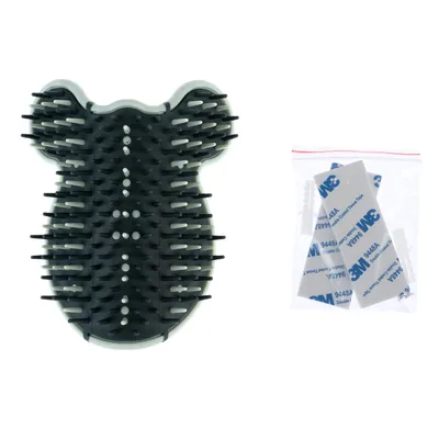 Black bear-shaped brush with nubs, includes 3M adhesive pads in a pouch for attachment.