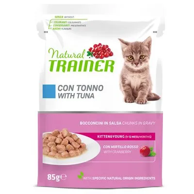 Natural Trainer kattenvoer met tonijn, stukjes in saus, voor kittens 1–12 maanden, met cranberry. 85 g. Zonder kleurstoffen, conserveermiddelen of kunstmatige aroma's.