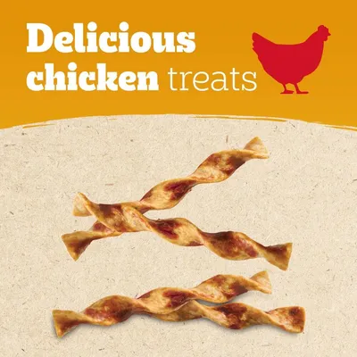 Delicious chicken treats text with three twisted chicken chews and a red chicken silhouette visible. Text is in English.