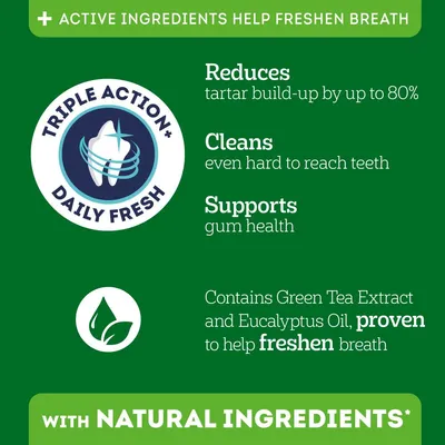 Triple Action Daily Fresh: reduces tartar by up to 80%, cleans hard-to-reach teeth, supports gums. Contains green tea extract and eucalyptus oil for fresh breath.