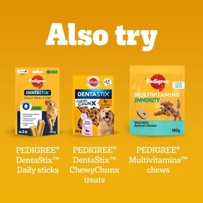 Three Pedigree products: DentaStix Daily Oral Care, DentaStix Chewy Chunx and Multivitamins Immunity with chicken. Packaging and product names visible.