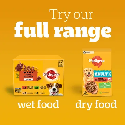 Pedigree Mixed Selection in Jelly wet food and Pedigree Adult with Beef and Vegetables dry food. Text: Try our full range, wet food, dry food.