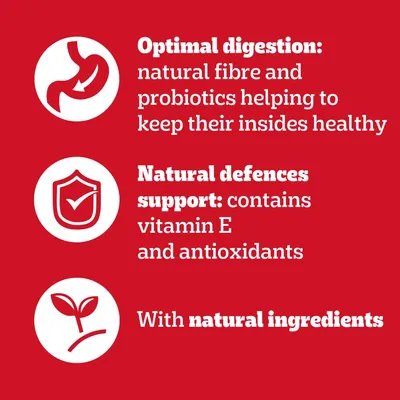 Optimal digestion with natural fibre and probiotics, supports natural defences with vitamin E and antioxidants, made with natural ingredients.