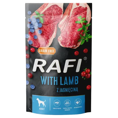 Rafi Adult krmivo pro psy s jehněčím, bez obilovin. Obsahuje pečlivě vybrané ingredience, bez konzervantů a kompletní bílkoviny.