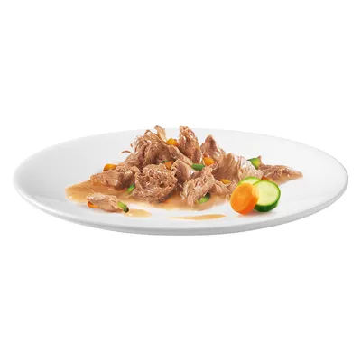Shredded meat in gravy with visible carrot and cucumber pieces on a white plate