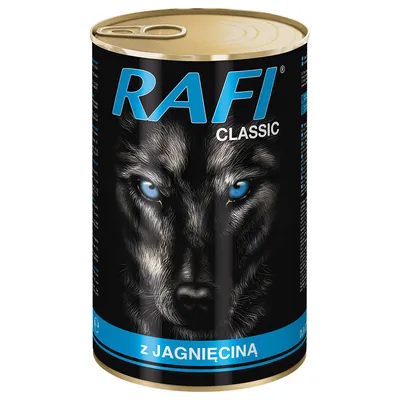 RAFI Classic konzerva s jehněčím masem, černý design s motivem vlka a modrýma očima.
