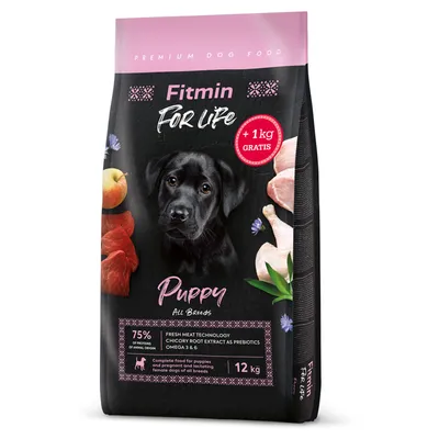 Fitmin For Life Puppy All Breeds, prémiové krmivo pre psy, 12 kg. 75 % živočíšnych bielkovín, extrakt z čakankového koreňa ako prebiotikum, Omega 3 a 6, +1 kg zadarmo.