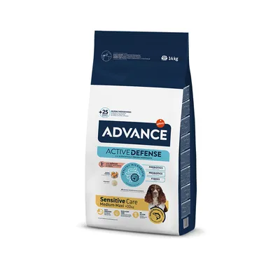 Advance Active Defense Sensitive Care Medium-Maxi +10kg, con prebiotici, probiotici e fibre. Per una microflora sana. Confezione da 14 kg.