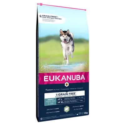 Sac de croquettes EUKANUBA Grain Free pour chien adulte grande race, riche en agneau, 12 kg. Texte visible : sans céréales, recette hypoallergénique, XL, plus de 40 kg.