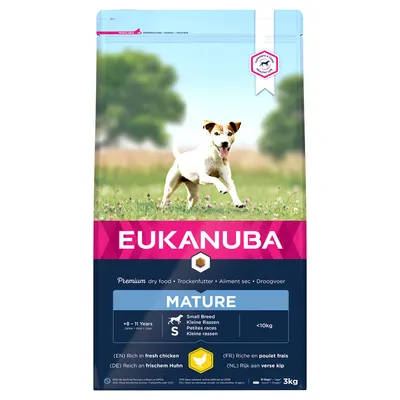 Eukanuba Mature суха храна за малки породи, възраст 8-11 години, тегло <10 кг, богата на прясно пиле. Опаковка: 3 кг.