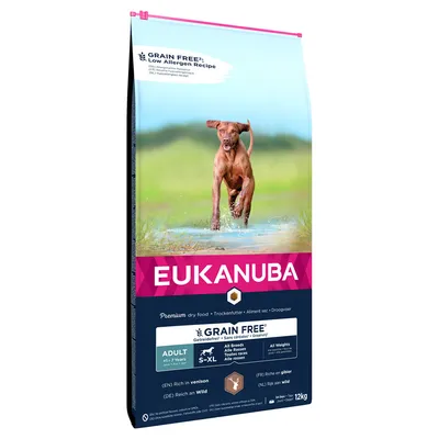 Eukanuba Premium hrană uscată fără cereale, pentru toate rasele și greutățile, bogată în vânat, potrivită pentru câini adulți de la 1 an. Mărime pachet: 12 kg.