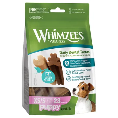 Whimzees Daily Dental Treats für Welpen, XS/S, 28 Stück, hypoallergen, glutenfrei, unterstützt saubere Zähne, frischen Atem und gesunde Zahnfleisch. 4-Wochen-Vorrat, Gewicht 210g. Whimzees Daily Dental Treats für Welpen, XS/S, 28 Stück, hypoallergen, glutenfrei, unterstützt saubere Zähne, frischen Atem und gesunde Zahnfleisch. 4-Wochen-Vorrat, Gewicht 210g.