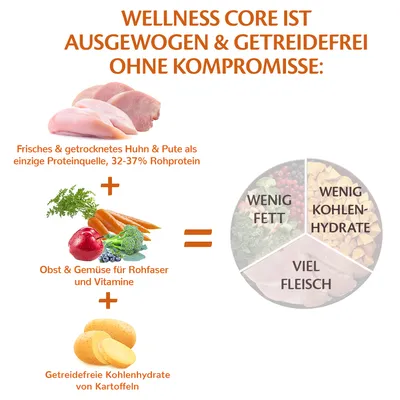 Wellness Core ist ausgewogen und getreidefrei. Zutaten: Huhn & Pute mit 32-37% Rohprotein, Obst & Gemüse für Vitamine, kartoffelfreie Kohlenhydrate. Diagramm zeigt wenig Fett, wenig Kohlenhydrate, viel Fleisch.