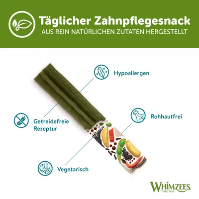 Whimzees – snack dentaire quotidien, hypoallergénique, sans céréales, végétarien, sans peau brute. Texte en allemand : Täglicher Zahnpflegesnack, aus rein natürlichen Zutaten hergestellt.