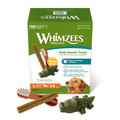Whimzees Wellness Daily Dental Treats, Variety Value Box with 14 treats in 3 shapes: alligator, toothbrush, stix. For dogs 18-27 kg. Hypoallergenic, gluten-free, no additives.