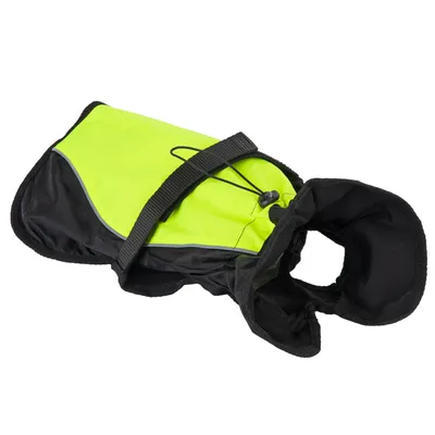 Neongelbe Hundejacke mit schwarzem Rand, verstellbarem Gurt und Kordelzug für sicheren Sitz.