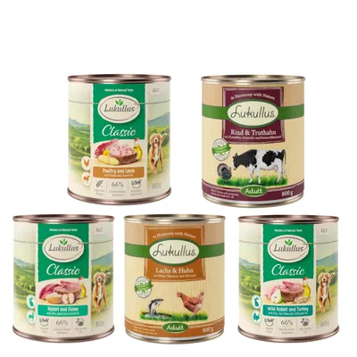 Lukullus Classic Nassfutter für Hunde, Sorten: Geflügel & Lamm, Wildkaninchen & Truthahn, Kaninchen & Wild, Rind & Truthahn, Lachs & Huhn. 800g Dosen.