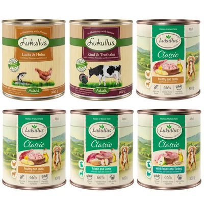 Hat doboz Lukullus kutyaeledel: lazac és csirke, marha és pulyka, Poultry and Lamb, Rabbit and Game, Wild Rabbit and Turkey. Mindegyik 800 g felnőtt kutyáknak.