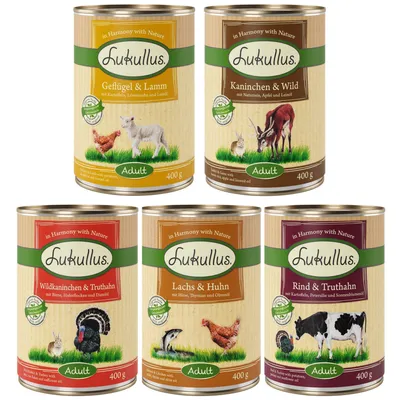 Пет консерви Lukullus Adult 400 г с различни вкусове: Geflügel & Lamm, Kaninchen & Wild, Wildkaninchen & Truthahn, Lachs & Huhn, Rind & Truthahn. Видими животни и текст на немски.