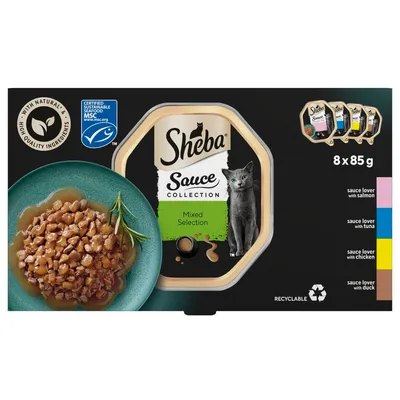 Sheba Sauce Collection Mixed Selection, 8 x 85g. Includes sauce lover with salmon, tuna, chicken, and duck. Certified sustainable seafood. Recyclable packaging. High quality ingredients.