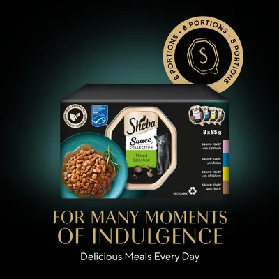 Sheba Sauce Collection Mixed Selection, 8 x 85g portions with salmon, tuna, chicken and duck. Text: For many moments of indulgence. Delicious meals every day.