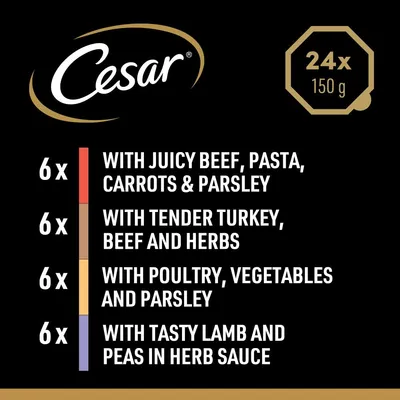 Pack contains 24 trays of 150g: 6 with beef, pasta, carrots and parsley; 6 with turkey, beef and herbs; 6 with poultry, vegetables and parsley; 6 with lamb and peas in herb sauce.