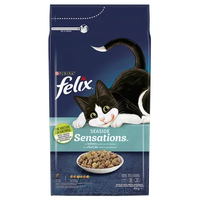 Purina Felix Seaside Sensations s lososom a zeleninou, bez umelých farbív, 4kg balenie. Suché krmivo pre mačky so Zip & Fresh uzáverom.