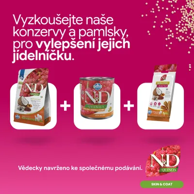 N&D Quinoa Skin & Coat suché krmivo, mokré krmivo a dentálna maškrta. Vedecky vyvinuté na spoločné kŕmenie pre lepšiu výživu. N&D Quinoa Skin & Coat suché krmivo, mokré krmivo a dentálna maškrta. Vedecky vyvinuté na spoločné kŕmenie pre lepšiu výživu.