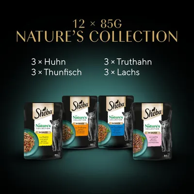 Sheba Nature’s Collection 12 x 85 g : 3 x Huhn, 3 x Thunfisch, 3 x Truthahn, 3 x Lachs. Quatre sachets visibles avec chat et bols de nourriture. Texte en allemand.