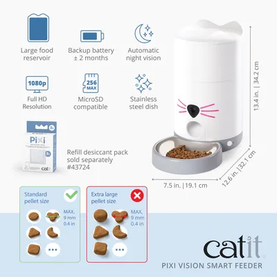 Catit PIXI Vision Smart Feeder with large food container, backup battery, night vision, Full HD, MicroSD, stainless steel bowl. Only suitable for standard pellet sizes up to 9 mm. Catit PIXI Vision Smart Feeder with large food container, backup battery, night vision, Full HD, MicroSD, stainless steel bowl. Only suitable for standard pellet sizes up to 9 mm.