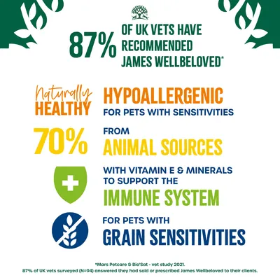 87% of UK vets recommended James Wellbeloved. Hypoallergenic for pets with sensitivities, 70% from animal sources, supports immune system, suitable for grain sensitivities.
