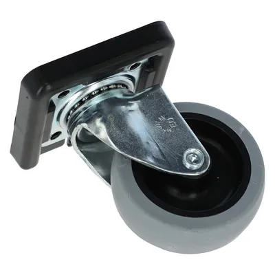 Rueda giratoria de metal con rueda de plástico gris y placa de fijación negra, adecuada para muebles o equipos de transporte.