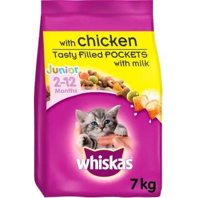 Whiskas Junior 2-12 Months, with chicken, tasty filled pockets with milk, 7kg bag. Image shows food pieces and a kitten being held.