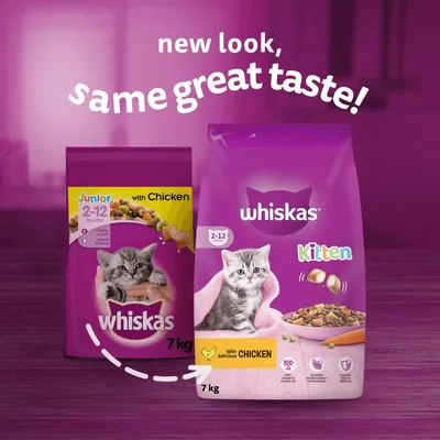 Image shows Whiskas kitten food packaging changing to a new design, both for 2-12 months, chicken flavour, 7kg. Text: 'new look, same great taste!'.