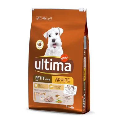 Sac de croquettes Ultima Affinity pour chien adulte, petit <10 kg, poulet, riz et légumes, 7 kg. Texte visible : SANS colorants ni conservateurs artificiels ajoutés.