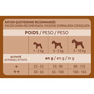 Tableau de rations quotidiennes recommandées pour chiens : 1–3 kg 25–65 g, 3–5 kg 55–100 g, 5–10 kg 80–165 g selon niveau d’activité. Texte en français, espagnol et italien.