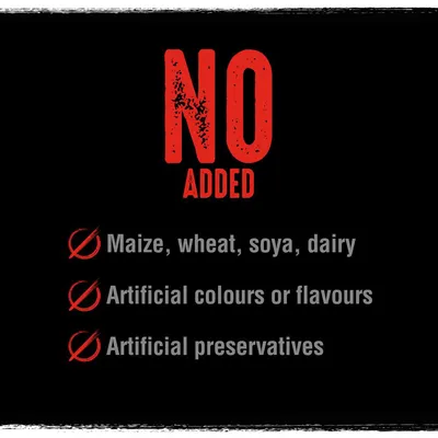 No added maize, wheat, soya, dairy, artificial colours or flavours, and artificial preservatives.
