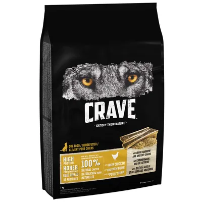 Dog food packaging showing high protein, 100% natural chicken, with fresh chicken, bone marrow and ancient grains. Text: satisfy their nature.