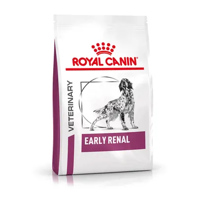 Royal Canin Veterinary Early Renal hrană uscată pentru câini, ambalaj cu imagine de câine și accent mov.