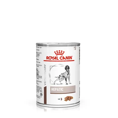 Royal Canin Veterinary Hepatic wet food for dogs, can with image of a dog and pieces of food. Product name and brand visible.