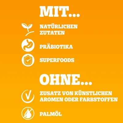 Mit natürlichen Zutaten, Präbiotika, Superfoods. Ohne Zusatz von künstlichen Aromen oder Farbstoffen, ohne Palmöl.