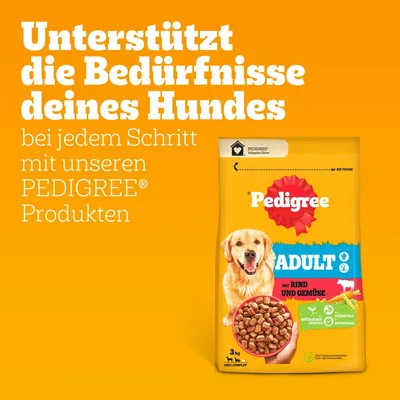Pedigree Adult z govedino in zelenjavo, podpira potrebe vašega psa. 3 kg pakiranje, naravne sestavine, superživila, 100 % popolna hrana. Vidni Pedigree Adoption Drive logotip.