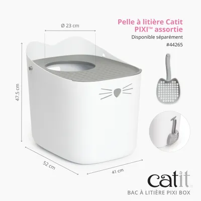 Bac à litière Catit PIXI avec dimensions : 52 cm de long, 41 cm de large, 47,5 cm de haut, ouverture Ø 23 cm. Pelle à litière assortie vendue séparément, numéro d'article #44265. Bac à litière Catit PIXI avec dimensions : 52 cm de long, 41 cm de large, 47,5 cm de haut, ouverture Ø 23 cm. Pelle à litière assortie vendue séparément, numéro d'article #44265.