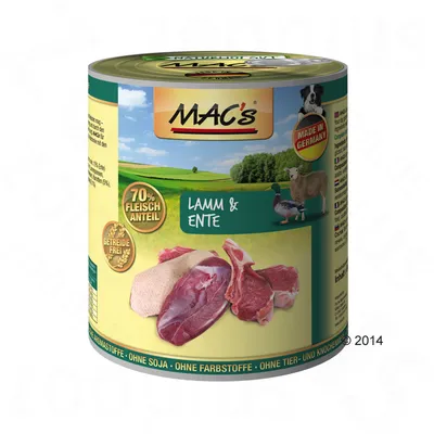 MAC's Lamm & Ente våtfoderburk, 70 % Fleischanteil, Getreidefrei, Made in Germany. Bild på köttbitar, lamm och anka. Text på tyska synlig på förpackningen.