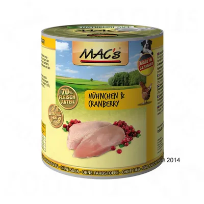 MAC's burk med text: 70% Fleischanteil, Hühnchen & Cranberry, Getreidefrei, Made in Germany. Bild på kycklingfilé och tranbär på etiketten.