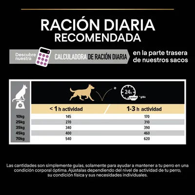 Tabla de ración diaria recomendada para perros según peso y actividad: 10–70 kg, menos de 1 h o 1–3 h de actividad. Incluye calculadora de ración diaria y texto explicativo.