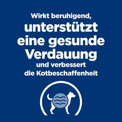 Wirkt beruhigend, unterstützt eine gesunde Verdauung und verbessert die Kotbeschaffenheit. Symbol eines Hundes mit Verdauungswellen im Bauchbereich.