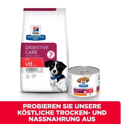 Hill's Prescription Diet Digestive Care Mini i/d Stress, Trocken- und Nassnahrung für Hunde. Veterinär empfohlen. Probieren Sie unsere köstliche Trocken- und Nassnahrung aus.