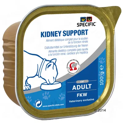 Barquette SPECIFIC Kidney Support pour chat adulte, 100 g. Aliment diététique complet pour le soutien de la fonction rénale. Texte visible : Veterinary exclusive, Advanced Fish Oil Formula.